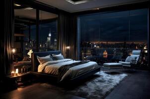 AI generated Tranquil Luxury penthouse bedroom. Generate Ai photo
