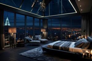 AI generated Panoramic Luxury penthouse bedroom. Generate Ai photo