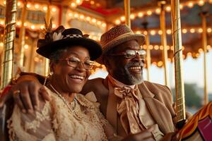AI generated happy elderly black couple sit in a carousel smilling to each other in amusement park with golden hour lighting photo