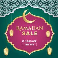Ramadan Sale, web header or banner design with golden shiny frame, arabic lanterns and Islamic Ornament on green background. - Vector. vector