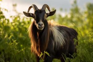 AI generated Stubborn Male goat. Generate Ai photo