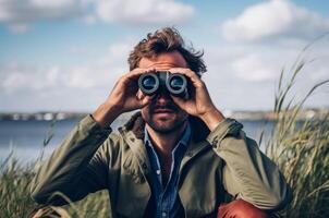 AI generated Curious Man carefully look binoculars. Generate Ai photo