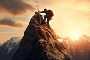 AI generated Brave Man climbing mountain. Generate Ai photo