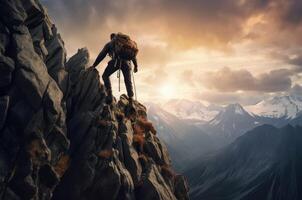 AI generated Athletic Man climbing mountain. Generate Ai photo