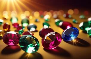 AI generated Multicolored precious stones - ruby, emerald, sapphire, lie under the rays of the sun and shine, sparkle photo