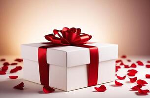 AI generated A white box with a red ribbon, a bow on a light background, a gift showered with rose petals photo