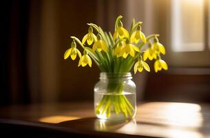 AI generated A bouquet of yellow snowdrop flowers stands on a table in the sunlight in a jar of water photo