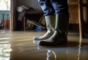 ai generado práctico botas caucho en inundado casa. generar ai foto