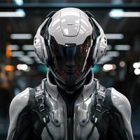 AI generated Robust Man cyber helmet. Generate Ai photo