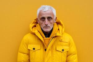 AI generated Hunched Old man yellow jacket. Generate Ai photo