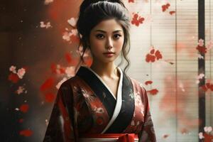 ai generado lozano japonés mujer kimono jardín. generar ai foto