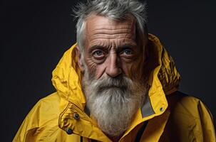 AI generated Wise Old man yellow jacket. Generate Ai photo