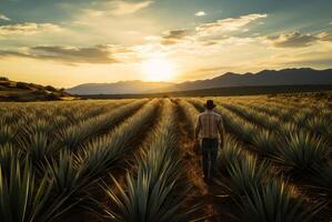 ai generado aventurero hombre vaquero agave campo. generar ai foto