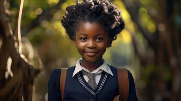 AI generated Happy cute African American smart girl with a curly afro hairstyle. Neural network AI generated photo