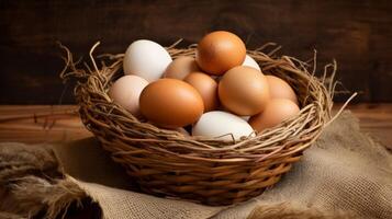 AI generated Many fresh organic eggs in a large basket. Neural network AI generated photo