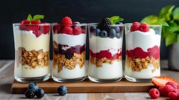 AI generated Collection of parfait desserts or snacks in glasses. Neural network AI generated photo