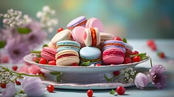 ai generado plato con sabroso macarons en mesa servido para fiesta. neural red ai generado foto