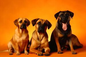 ai generado un grupo de perros en un naranja antecedentes. neural red ai generado foto