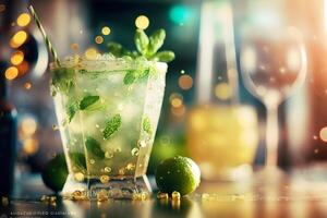 AI generated Mojito cocktail on the background of the bar. Neural network AI generated photo
