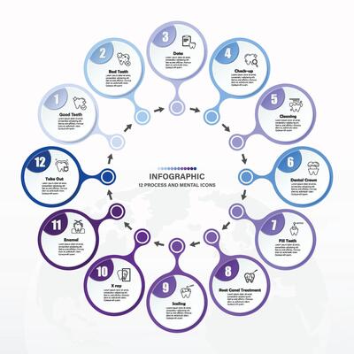Blue tone circle infographic with 12 steps, process or options.