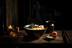 ai generado japonés ramen sopa con pollo, huevo, cebollín y brote en oscuro de madera. neural red ai generado foto