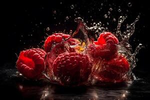 AI generated Raspberries and water splash on dark background. Neural network AI generated photo
