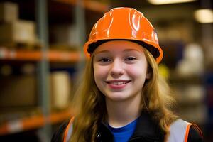 AI generated Portrait of female staff smiling while standing in warehouse. Neural network AI generated photo