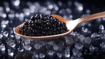 ai generado negro pescado caviar servido en el caviar cuchara en hielo en un negro antecedentes. neural red ai generado foto