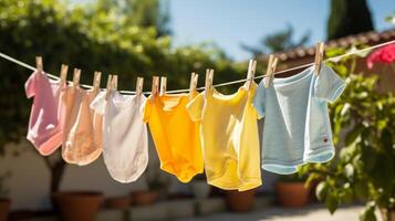 AI generated Children's T-shirts drying outside. Neural network AI generated photo