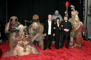 Ron Perlman Selma Blair  Guillermo del Toro pose with characters from the movie during a photo opportunity piror to the  Premiere of  Hellboy 2 at the Village Theater in Westwood CA onJune 28 2008