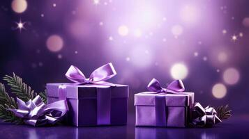 AI generated Purple Christmas background with New Year gifts. Neural network AI generated photo