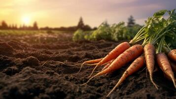 AI generated Fresh carrots. Harvest fresh organic carrots on the ground. Neural network AI generated photo