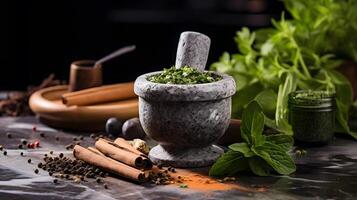 AI generated Mortar with aromatic kitchen herbs on wooden table. Neural network AI generated photo