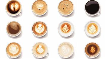 AI generated Many cups with tasty aromatic coffee on white background. Neural network AI generated photo