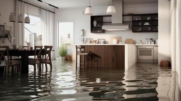 AI generated flooded kitchen floor due to water leakage. Neural network AI generated photo