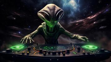 ai generado un extraterrestre como un DJ a el placa giratoria jugando música. neural red ai generado foto