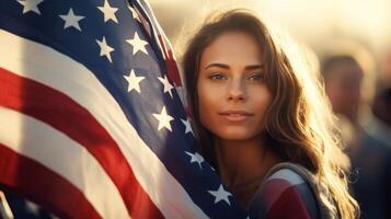 ai generado hermosa joven mujer debajo Estados Unidos bandera. mujer en pie y participación americano bandera. neural red ai generado foto