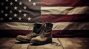 AI generated Old combat boots and dog tags with American flag. Neural network AI generated photo