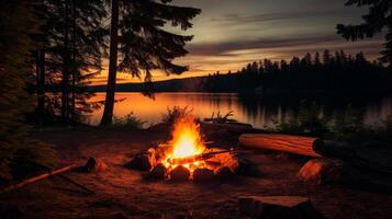 AI generated Beautiful campfire in the evening at the forest. Neural network AI generated photo