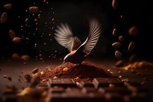 AI generated Bird and piece of dark chocolate on cocoa powder. Neural network AI generated photo