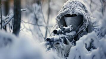 AI generated Sniper in the winter forest. Neural network AI generated photo