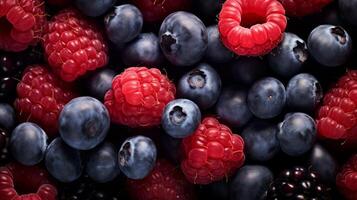 AI generated blueberries and raspberries, blackberry in a bowl. Neural network AI generated photo