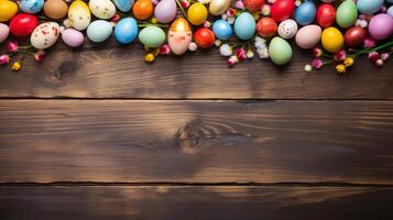 AI generated Easter eggs on a wooden background. Neural network AI generated photo