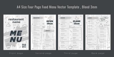 Restaurant cafe menu, template design, A4 size four page food menu template, Bleed 3mm vector