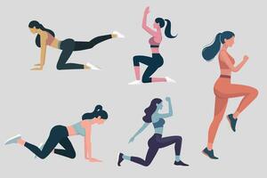 conjunto de mujer haciendo ejercicio y yoga ilustración vector