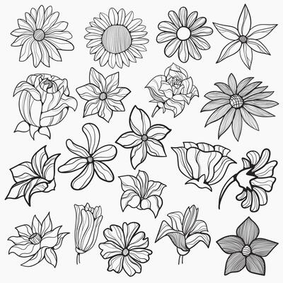 Set of minimalist, beautiful flowers in hand drawn line art, great for wedding invitations, save the date, pattern design, print, cover, or wallpaper