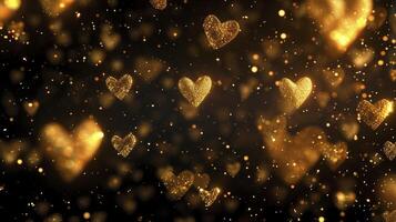 AI generated golden hearts animation with the lights sparkling brightly in a black background photo