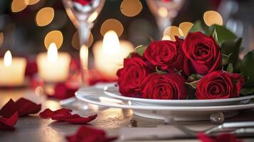 AI generated Romantic table setting for red roses and candlelight for Valentines dinner. photo