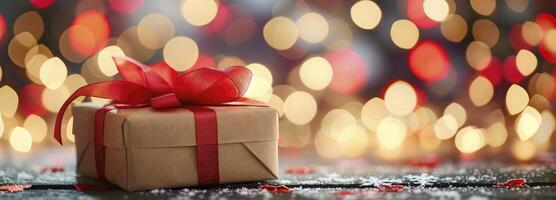 AI generated Gift box with red ribbon, valentine's day bokeh background photo