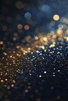 AI generated background of abstract glitter lights. blue, gold and black. de focused. banner photo